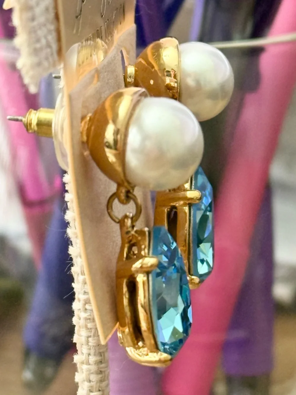 Kenneth Jay Lane Pearl and Aqua Gold-Tone Drop Earrings - Picture 3 of 6